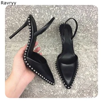 

Summer fashion black Woman sandals silver bead decor pointed toe high heel thin heel Sexy Pumps slip-on female dress shoes