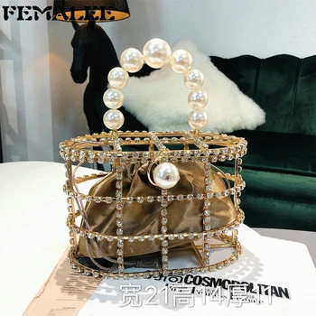 

Hollow Metallic Pearl Handbags Rhinestone Bird Cage Women Beading Box Totes Ladies Party Wedding Clutches Purses