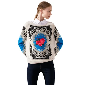 

Ladies' sweater embroidery long sleeved round neck printed lady's sleeve knitted sweater