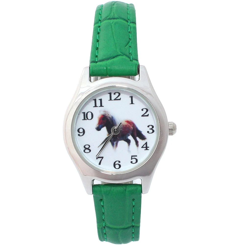Горячие популярные милые девушки дамы часы Дети часы лошадь кожа кварцевые студенческие дети животное мультфильм детские наручные часы 10 цветов - Цвет: Green