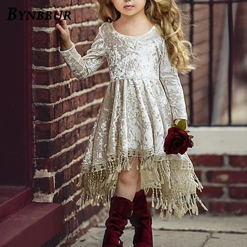 Bynbbur Tassels Lace Patchwork Velvet Solid Dress Girls Kid Party Dress Cute Baby Princess Elegant Dress 2019 Spring Summer New