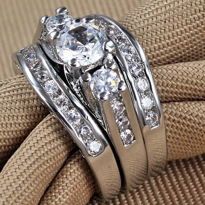 Size 4-12 White Gold Rhodium Plated Engagement Wedding Three-in-One Ring Pair Set Cocktail Party Mother's Day Gifts Daughter