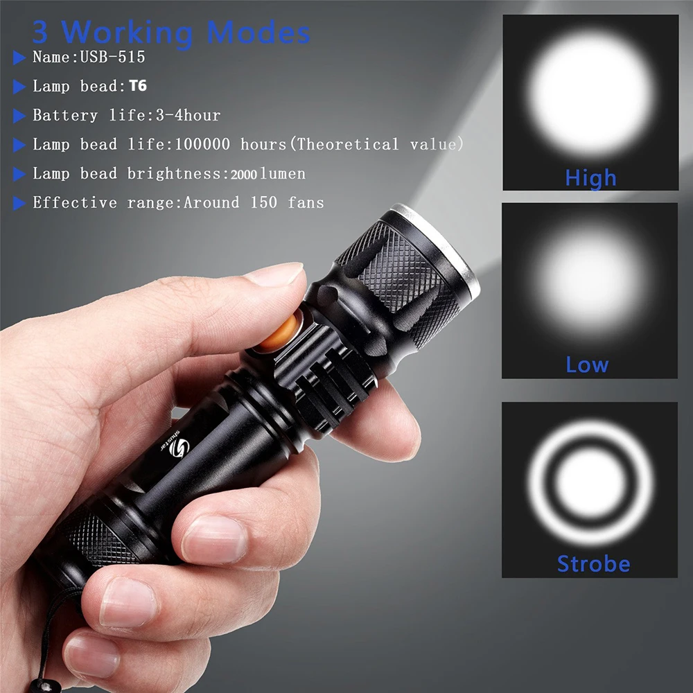 USB Inside Battery T6 Powerful 2000LM Led Flashlight Portable Light Rechargeable Tactical LED Torches Zoom Flashlight