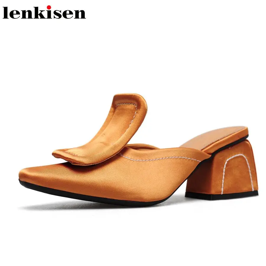 

Lenkisen popular sweet slingback square toe silk summer brand shoes mules med heels sillk korean girl wedding women pumps L55