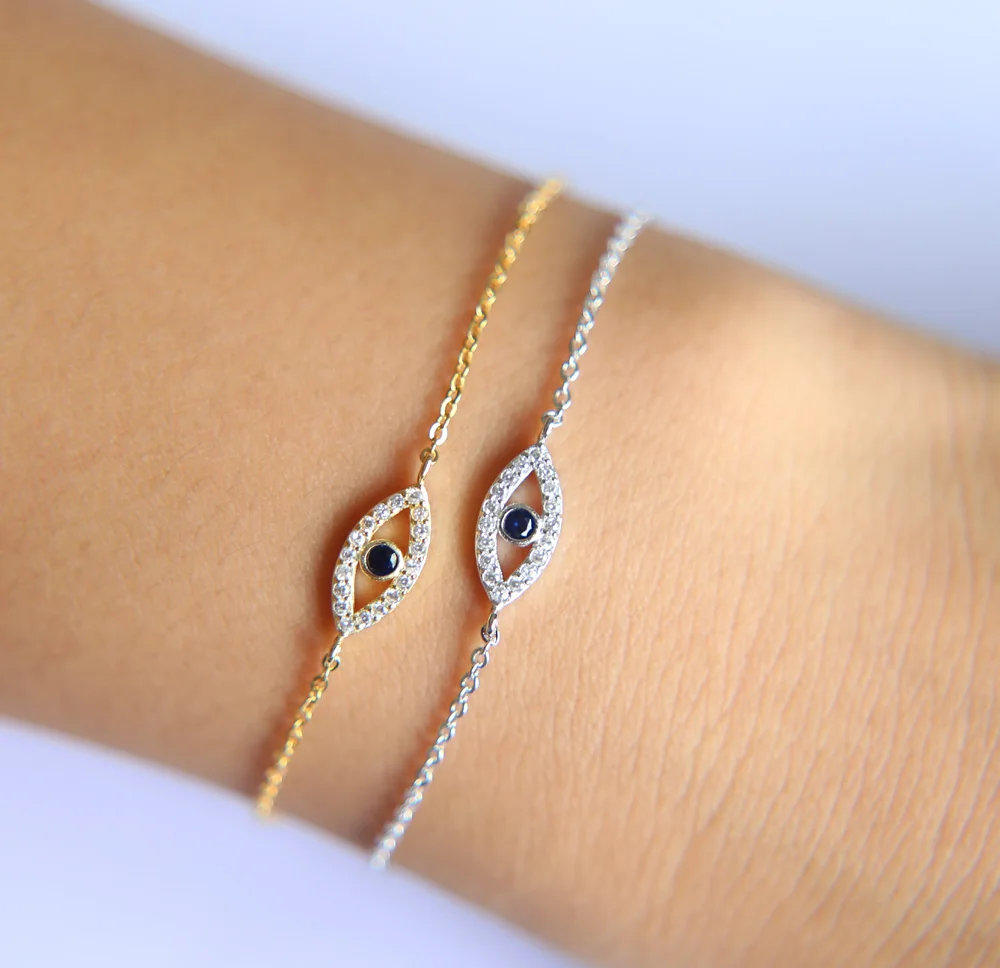 100% 925 sterling silver gold silver color micro pave cubic zirconia cz evil eye charm delicate chain girl evil eye bracelet (6)