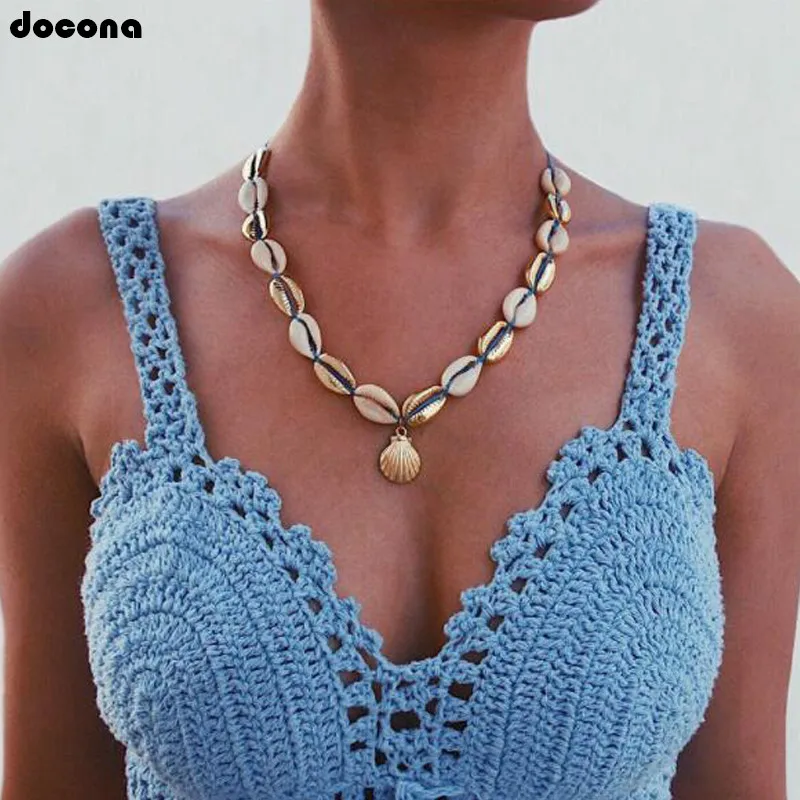 

Docona Summer Boho Metal Gold Shell Pendant Necklace For Women Charm Beach Ocean Conch Choker Necklace Party Jewelry Gift C05306
