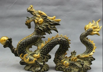 

18" Chinese Bronze Gilt Zodiac FengShui Fly Dragon Ball Statue Animals Sculpture