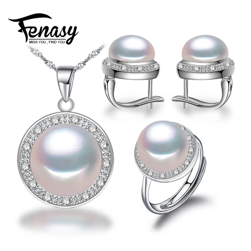 

FENASY 925 sterling silver pearl jewelry sets natural freshwater pearl pendant necklace for women clip earrings with round ring