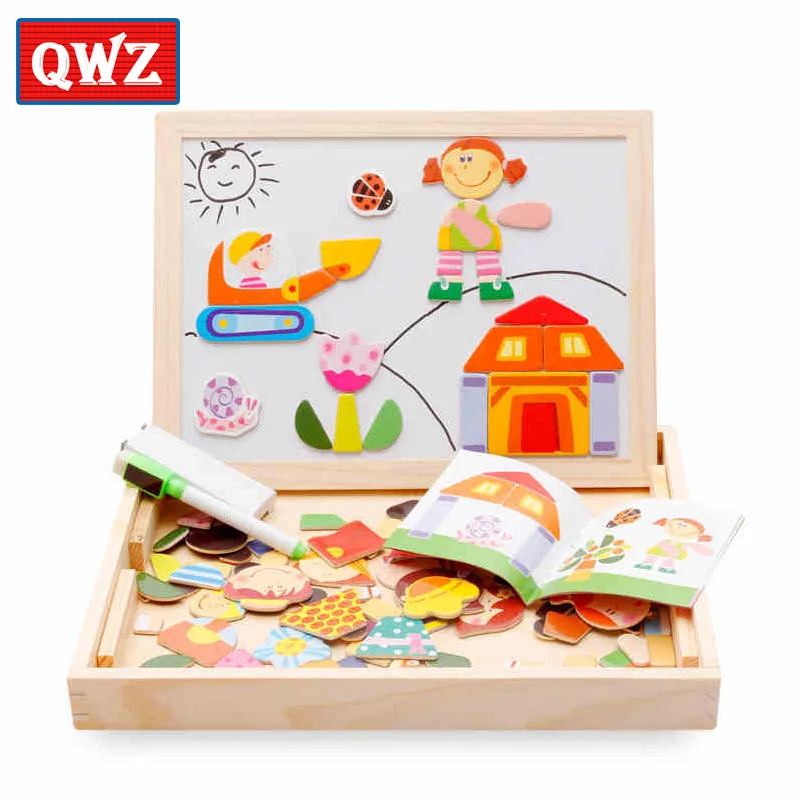 QWZ деревянные пазлы для детей Мультяшные животные многофункциональная магнитная головоломка доска для рисования Развивающие игрушки для детей Подарки