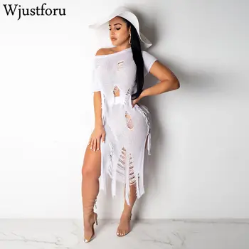 

Wjustforu Beach Hole Knitted Two Piece Skirt Women Hollow Out Ripped Tops + Long Skirt Female Summer Fashion Two Piece Set Slim