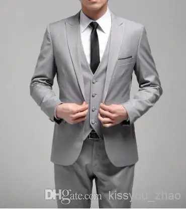 Custom Made Slim Fit One Button Light Grey Groom Tuxedos Side Slit Groomsmen Men Wedding Suits Bridegroom Jacket+Pants+Vest+Tie free ship