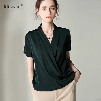 

Luxury Women's Chic iV-neck Chinese Han Collar Real Silk T-shirt Double Georgette Silk Thin Tshirt High-end Fabric Summer Tees