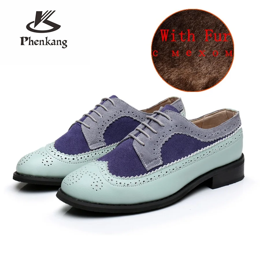 Genuine cow leather brogue men flats shoes handmade vintage casual sneakers shoes oxford shoes for men blue grey with fur - Цвет: grey with fur