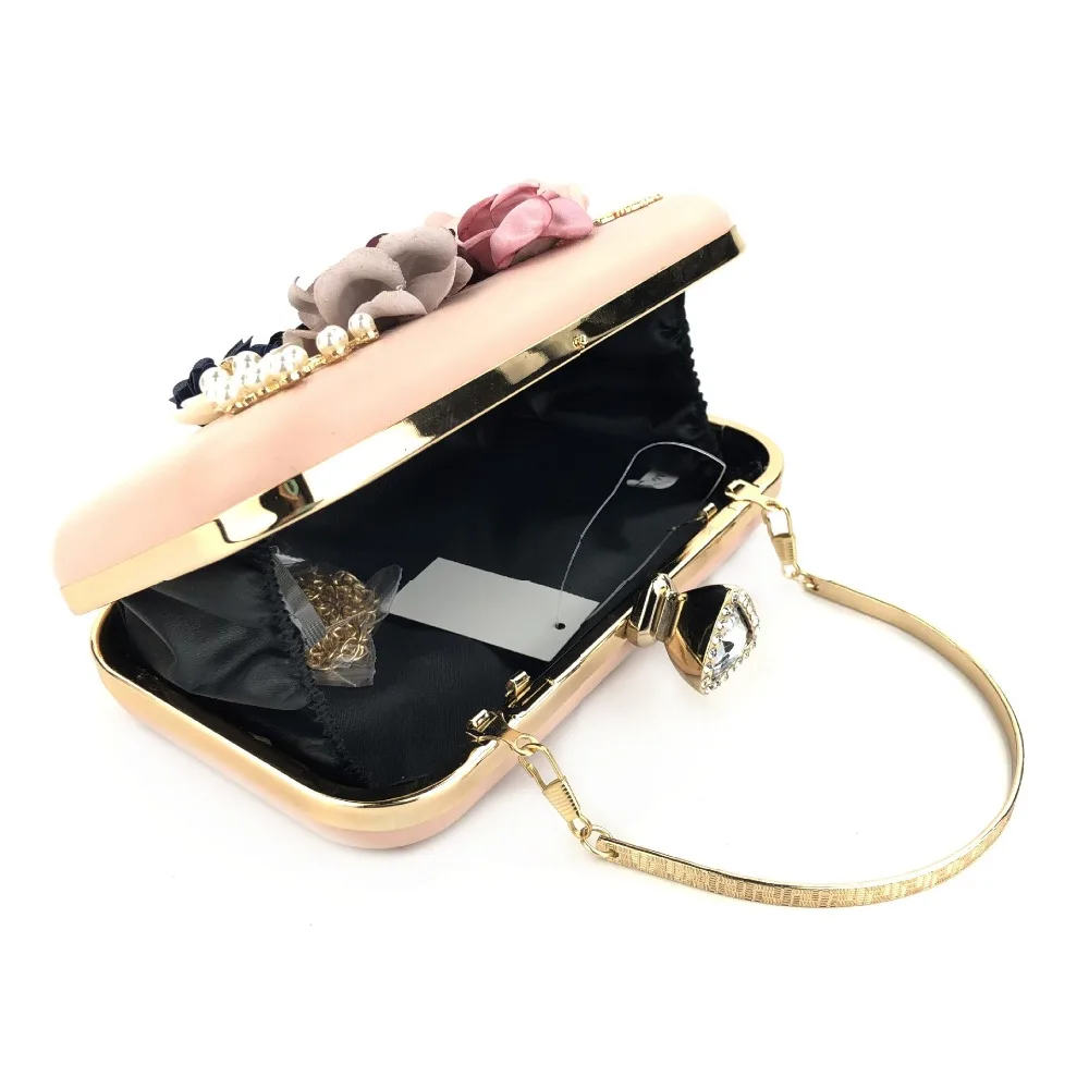 Women's Evening Clutch Bag Dark Blue Flower Design, Pink Wedding Rhinestone Purse, Ladies Day Clutches Handbag image 6