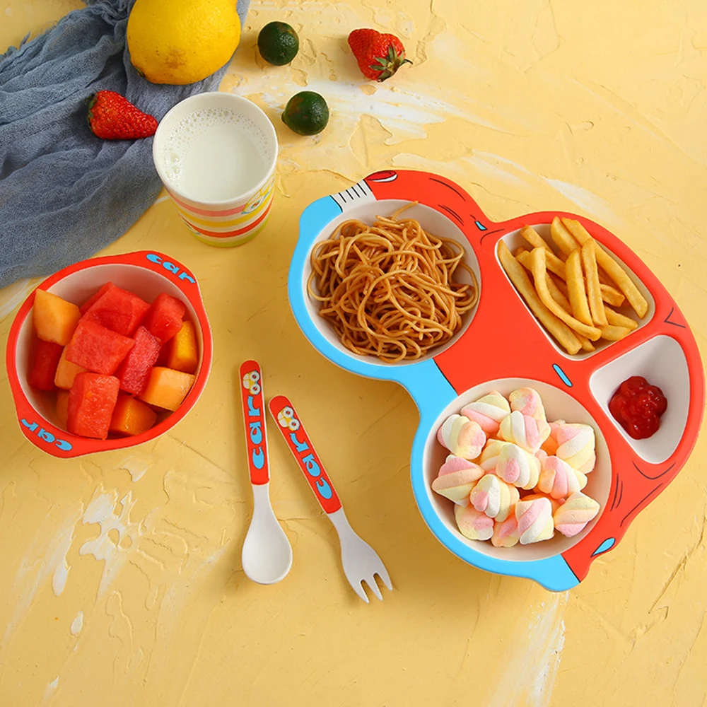 

Baby Feeding Food Tableware Set Kid Natural Bamboo Fiber Plate Dish Bowl Fork Spoon Cup Beetle Style Children's Feeding Utensils