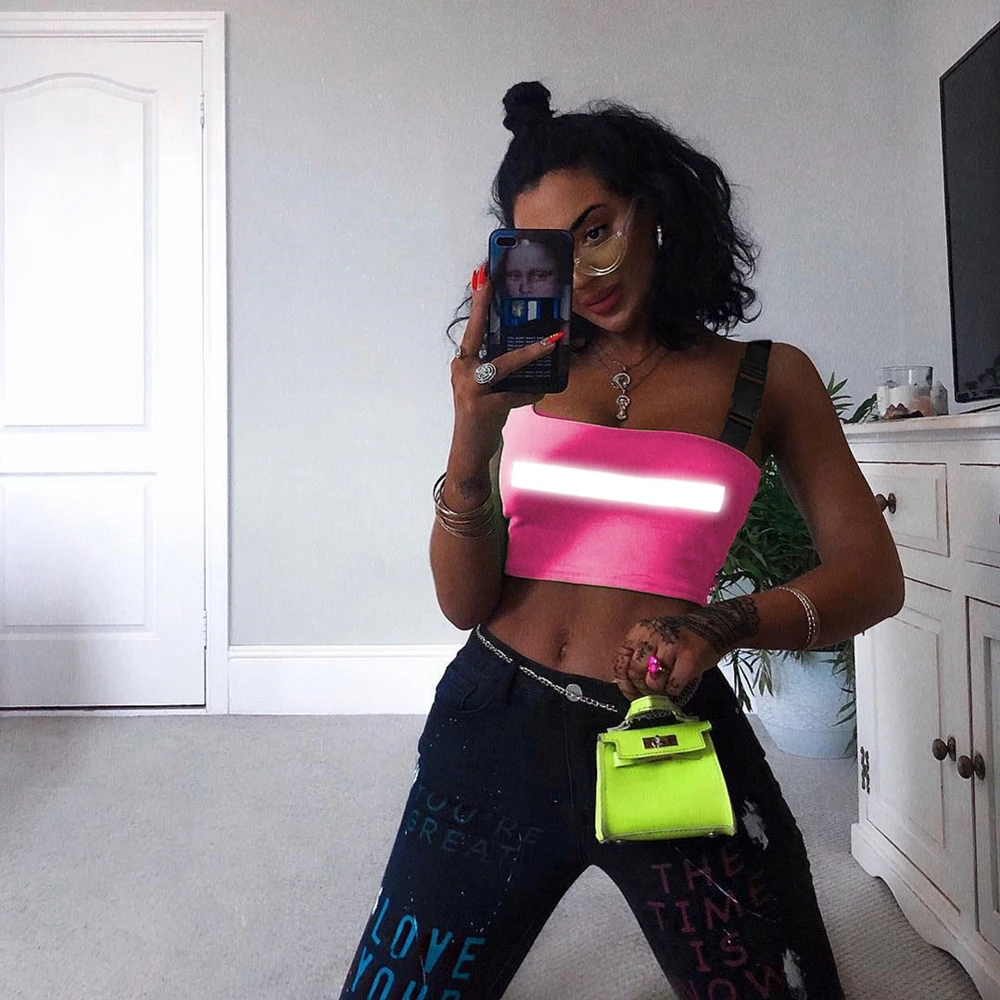 

Hip Cool Summer Women Bag Buckle Reflective Vest Boob Tube Crop Top One Shoulder T-Shirt Cami Tank Top