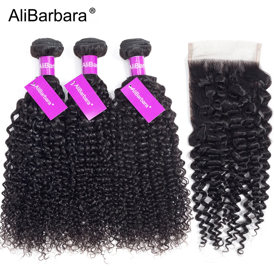 

AliBarbara Hair Brazilian Afro Kinky Curly Hair Bundles with Closure Free part 4X4 Swiss Lace 1B Remy Human Hair Weave Extension