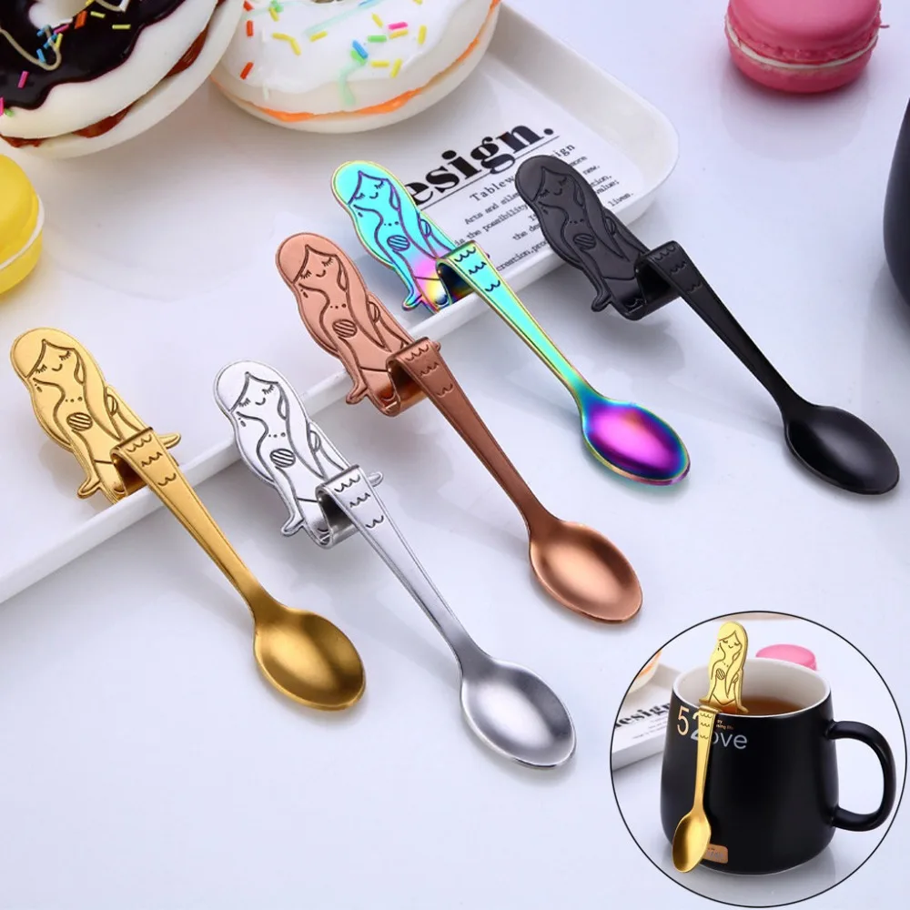 Cute Mermaid Spoon Handle Spoons Flatware Coffee Drinking Kitchen Gadget 5Pcs