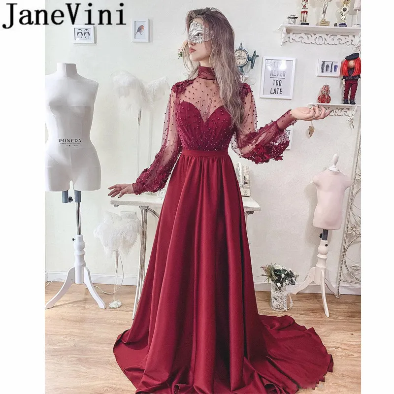 JaneVini с высоким воротом и длинными рукавами Выпускные платья Burgundy с жемчугом Иллюзия открытой спиной Вечерние платье развертки Поезд Атласное торжественное платье