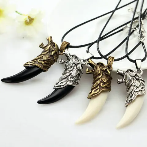 Wolf tooth men necklace - Fashion Resin wolf tooth alloy wolf head Pendant Necklace with leather rope jewelry #19006 Wolf tooth men necklace - Fashion Resin wolf tooth alloy wolf head Pendant Necklace with leather rope jewelry #19006