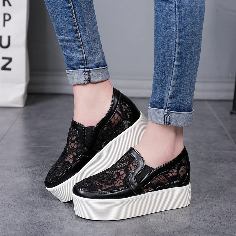 

Fashion Women Lace Casual Shoes Woman Breathable Mesh Flats Lace Loafers High Heels Platform Single Casual Ladies Flats Creepers