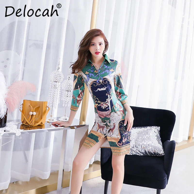 

Delocah Women Spring Summer Dress Runway Fashion Designer Three Quarter Sleeve Simple Sashes Vintage Printed Mermaid Slim Dress