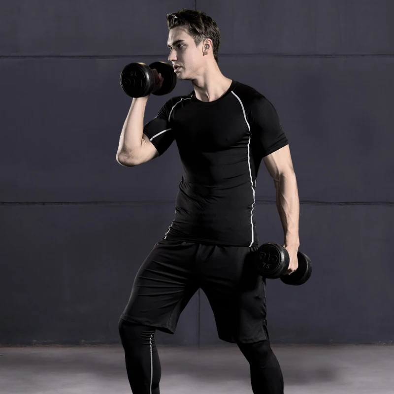 S4XL Mens Compression Set Running Tights Workout Fitness Training Tracksuit Shirts SportSuit Rashgard Kit MMA Running Gym Shirt (2)