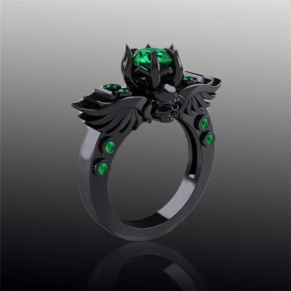 Gros anneaux de mariage turc gothique crâne Wing bague de fiançailles, De pierre verte saphir
