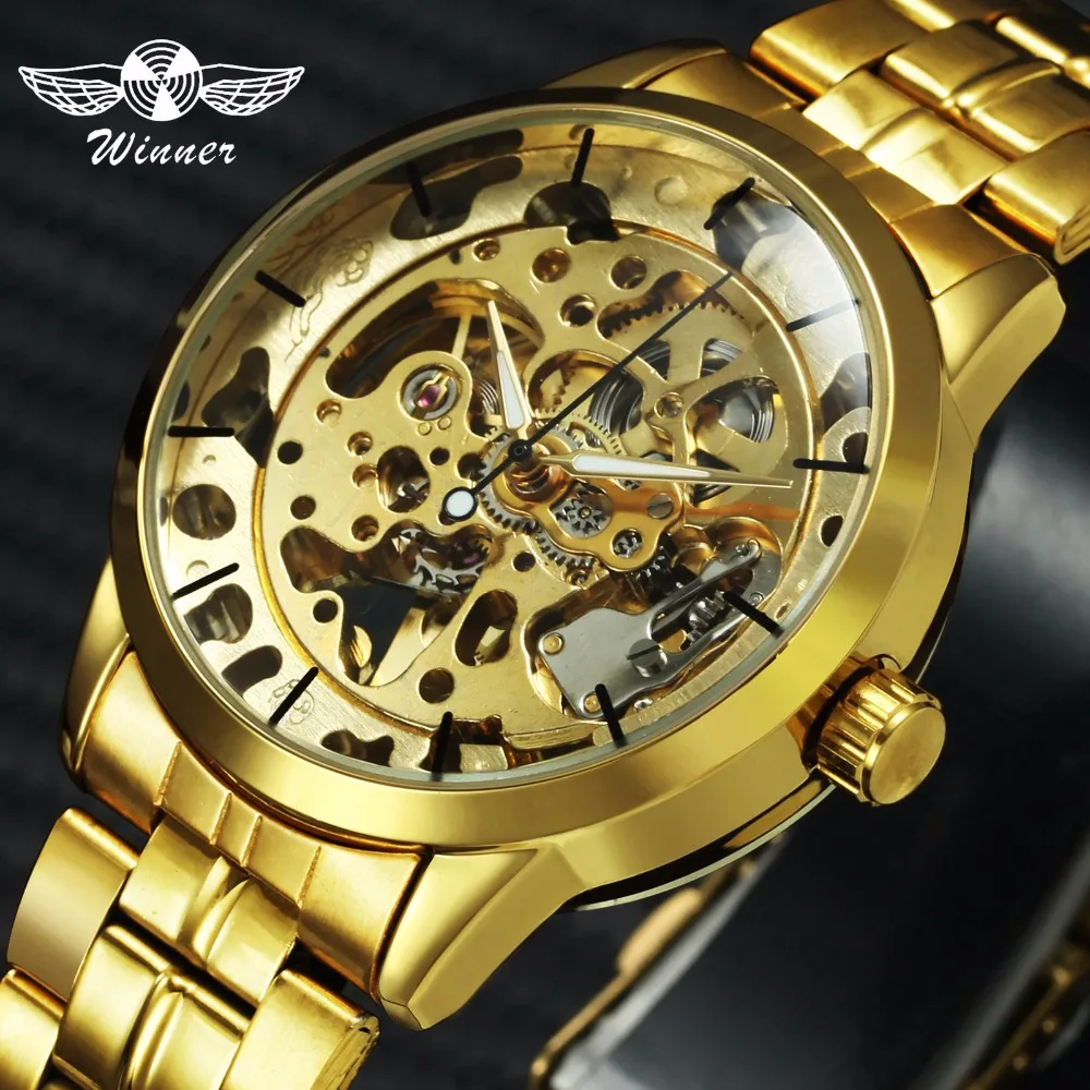 

WINNER Official Royal Gold Skeleton Watch Men Automatic Mechanical Luminous Hands Fashion Dress Mens Watches Top Brand Luxury