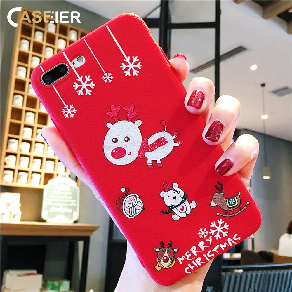 CASEIER Hot Red Phone Case For iPhone 7 Plus Soft Christmas Cover X XS Max XR 8 6 6s 5 5s SE TPU New Year Capa |