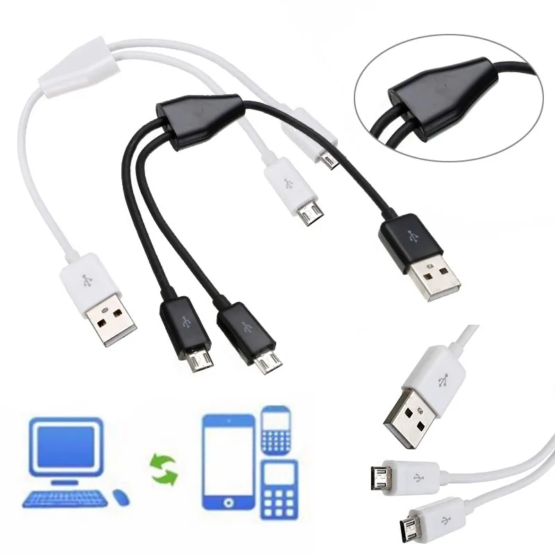 USB 2.0 to Dual 2 Micro USB 2.0 Male Y Splitter Data Charger Cable Cord 0.2M/0.65FT/1M/3FT Charging Charger Cable Black White