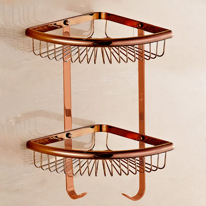 Rose Gold Bathroom Corner Shelf Solid Brass Shower Rack Wall