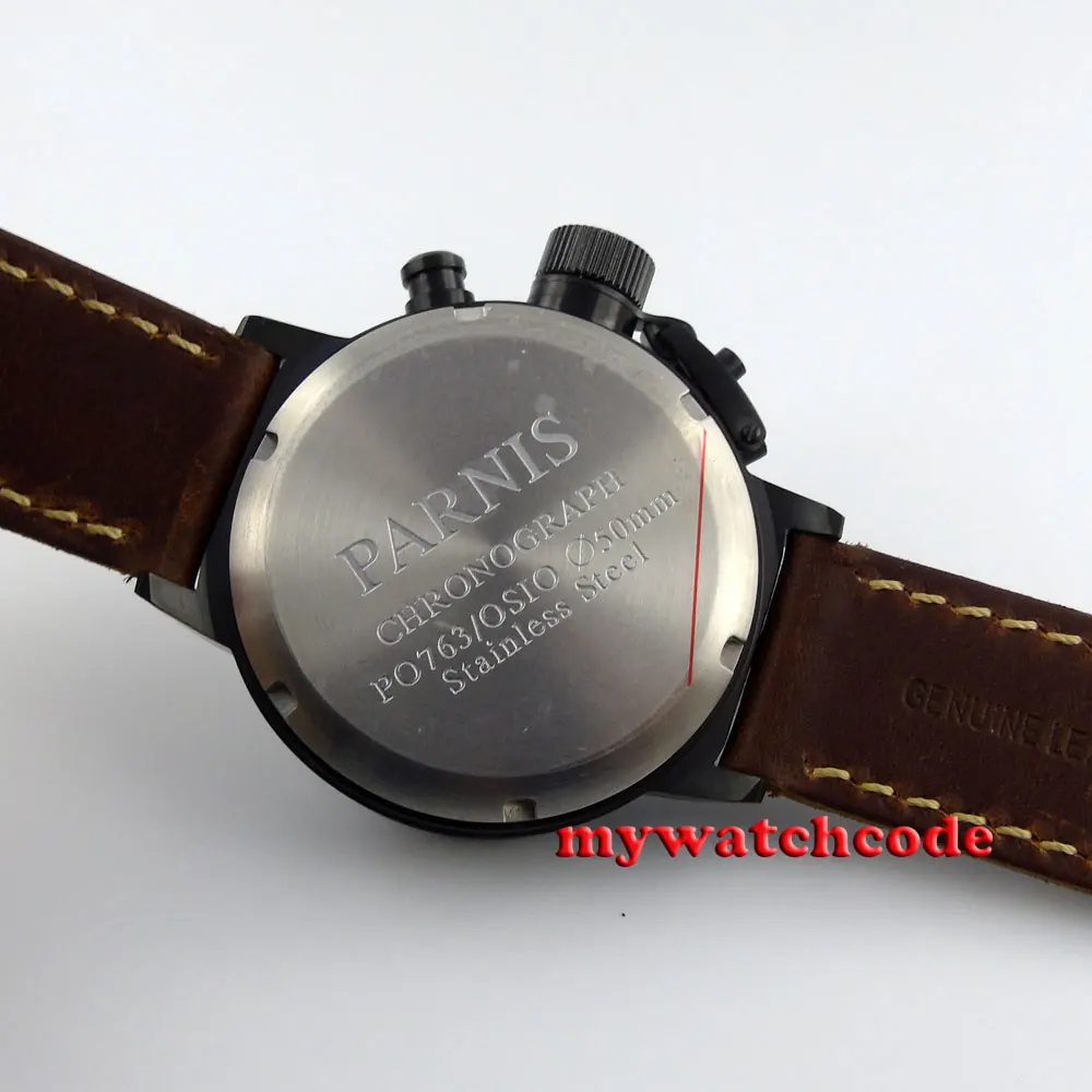 50 мм Parnis черный циферблат PVD чехол Полный Хронограф Lefty Crown мужские часы P715