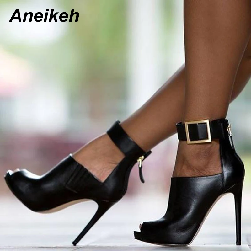 Aneikeh/ г. Новые женские туфли-лодочки красивые ботинки на высоком каблуке с открытым носком и металлической пряжкой весенне-летние женские босоножки на высоком каблуке