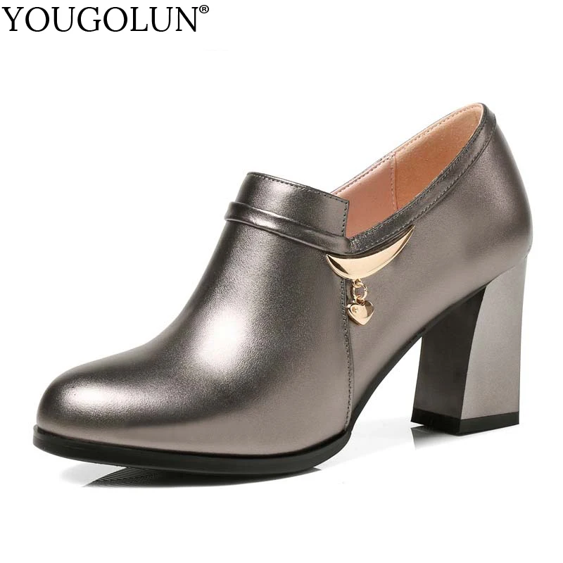 

YOUGOLUN Women Pumps Spring Genuine Cow Leather Thick Heel 7.5 cm High Heels Rifle color Green Lady Zipper Style Shoes #A-012