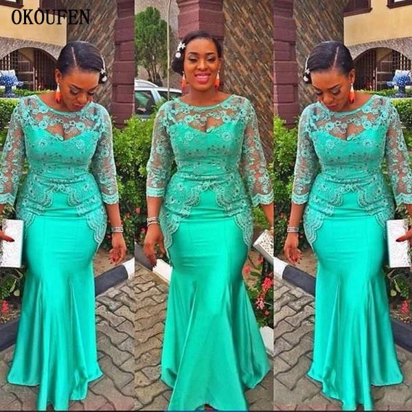Turquoise African Mermaid Evening Dress 2018 Vintage Lace Nigeria Long Sleeve Prom Dresses Aso Ebi Style Evening Party Gowns BA6987 副本