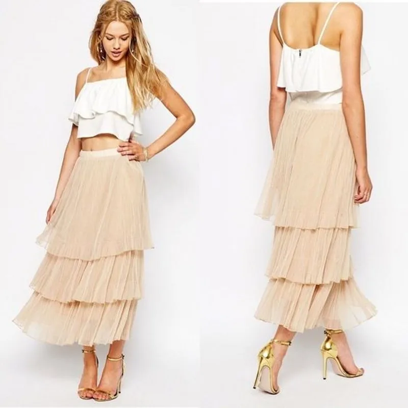 Tiered Layered Chiffon Skirt Custom Made Nature Waistline A Line Floor