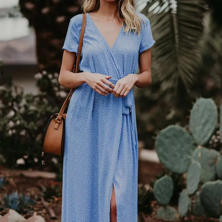 Новые женские Макси Boho горошек летнее платье с v образным вырезом пляжное длинное