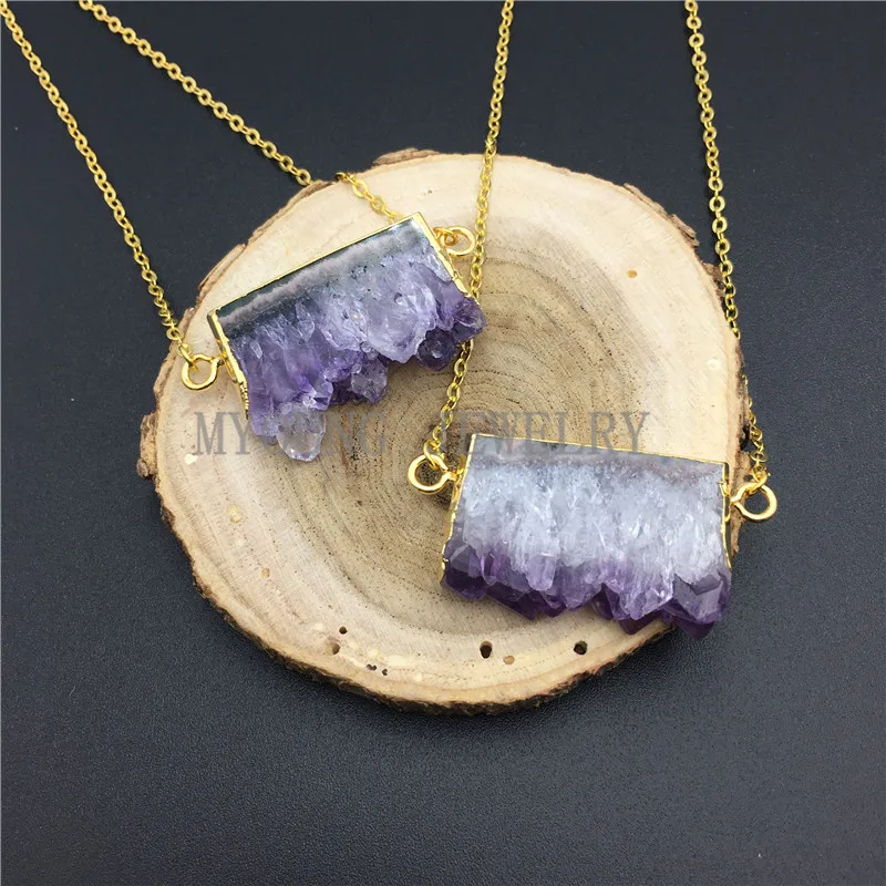 MY0862 Rectangle Purple Crystal Druzy Stalactite Slice Pendant Connector Necklace With Gold Color Chain (1)
