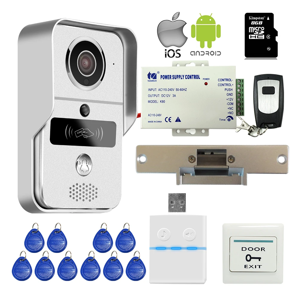 Беспроводной Wifi IP RFID дверной Звонок камера видеодомофон для телефона ПК удаленный просмотр Разблокировка+ ударная дверь E-Lock+ 8G TF