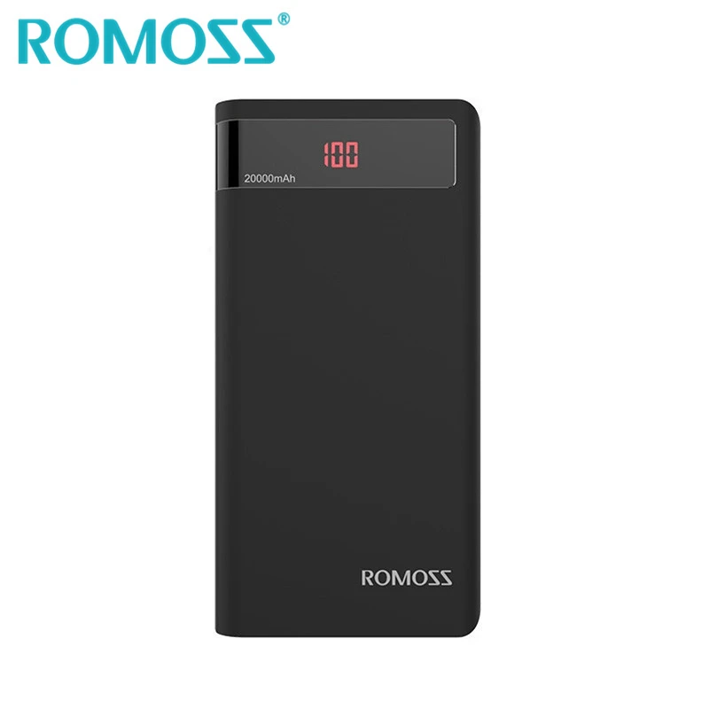 

ROMOSS Black Power Bank 20000mAh External Backup Battery Powerbank 2.1A USB Output Portable Charger for Mi iPhone Huawei Samsung