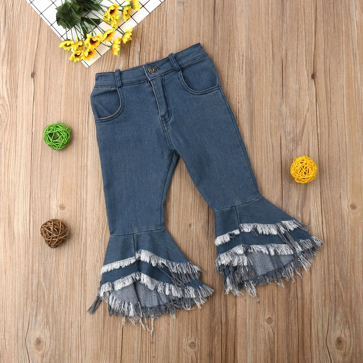 Модные детские длинные джинсы с кисточками для маленьких девочек джинсовые расклешенные брюки клеш Одежда для девочек 2-7T