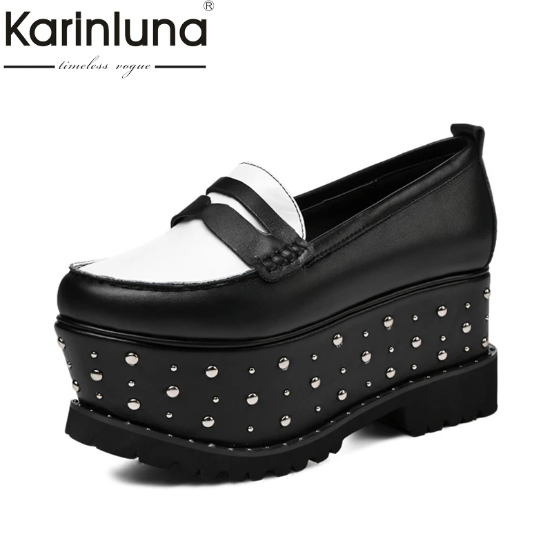 

KARINLUNA 2017 Big Size 34-40 Cow Leather High Platform Slip On Women Shoes Fashion Wedges High Heels Elegant Carrefour Shoes