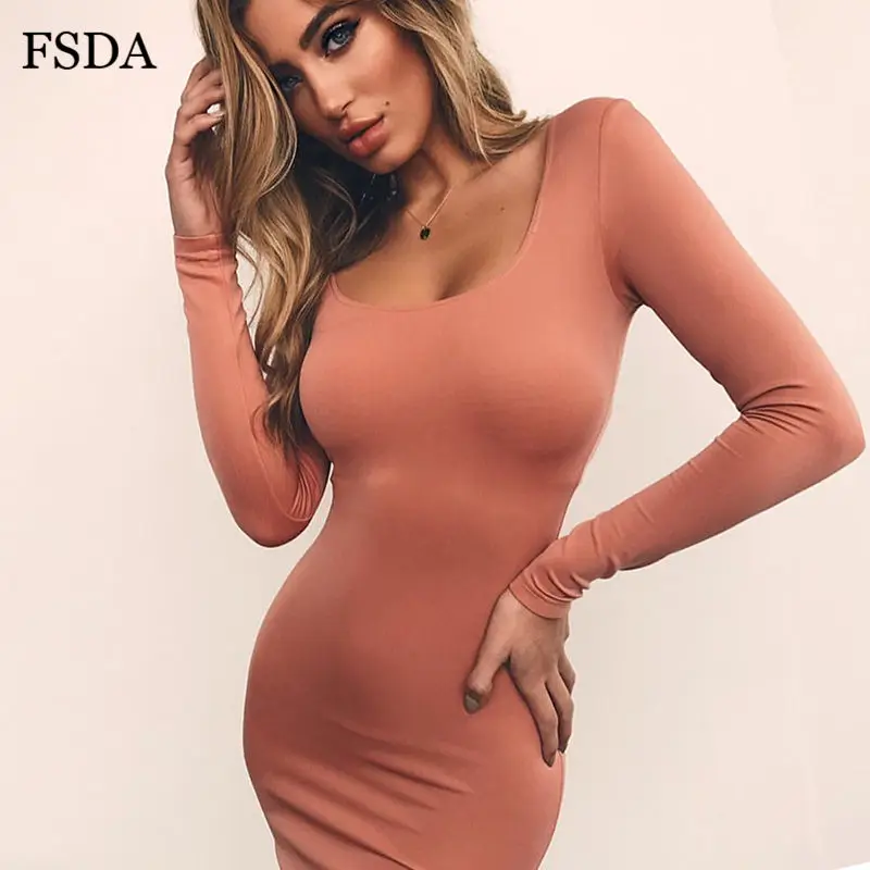 

FSDA Long Sleeve Bodycon Mini Dress Winter Autumn Long Sleeve Casual O Neck Sexy Solid Sexy Party Women Dresses