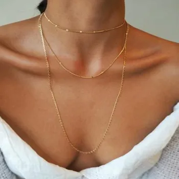 

Triple Chain Layered Choker Necklace Simple and Delicate Thin Shinny Hammer Gold Chain Long Necklace for Women