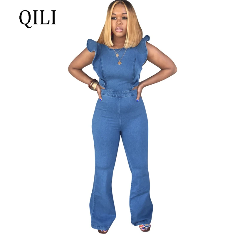 

QILI Summer Denim Jumpsuits Elegant Ruffles Boot Cut Pants Jumpsuit Blue Green Yellow Orange Pink Jumpsuits Casual Overalls