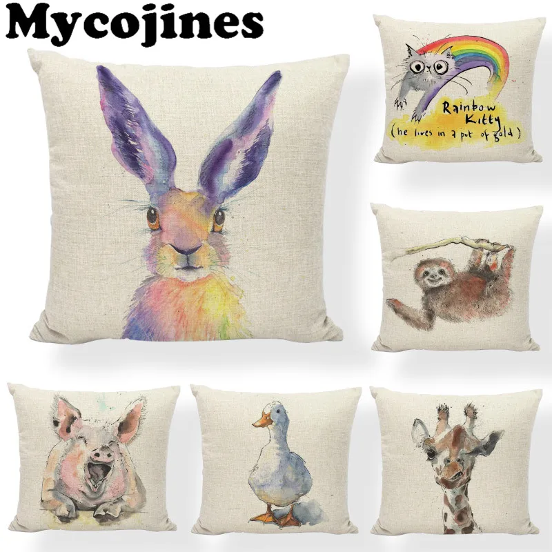 

Cute Animal Watercolor Donkey Rabbit Pig Cushion Cover 43*43CM Duck Dog Eagle Rainbow Kitty Pillowcase Home Living Room Decorate