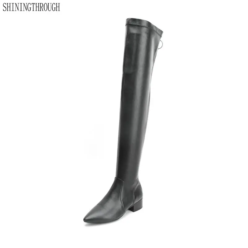 

Genuine leather Women over the Knee High Boots Low Heels Autumn Winter Motorcycle Boots poined Toe Ladies High Boots Shoes Woman