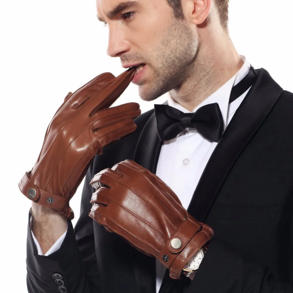 2019 New Men's Genuine Leather Gloves Male Autumn Winter Cashmere Knitted Lined Five Fingers Lambskin Leather Gloves EM005WR-1