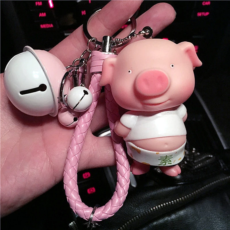 

Hot Cute Vinyl Pig Keychain Animal Key Chain Fur Pompom Porte Clef Leather Rope Keyring Bag Charm Sheep Key Chains Accessories